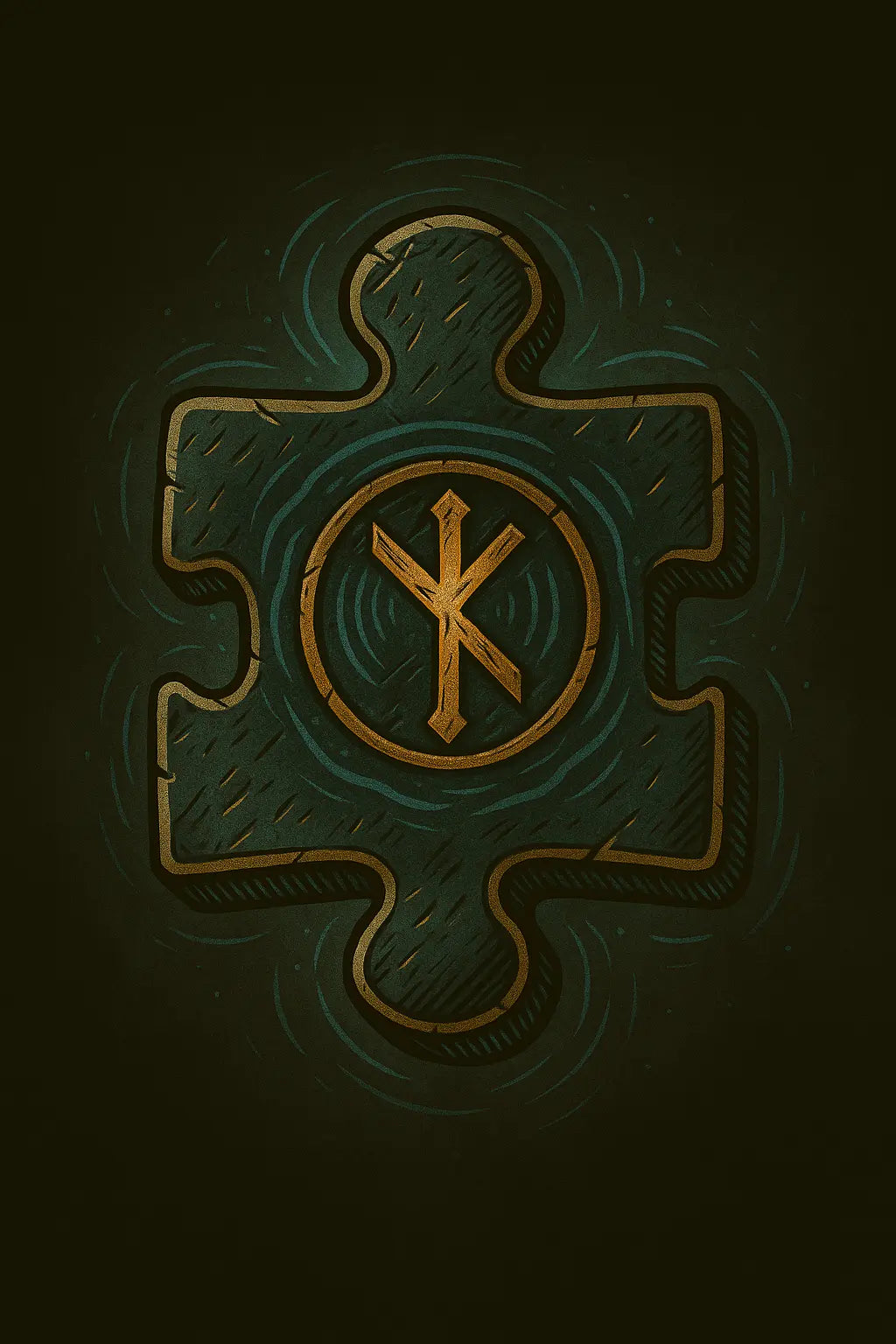 Illustration d’une rune viking gravée sur un fragment de puzzle sombre, émettant une aura mystique bleutée – Artefacts.
