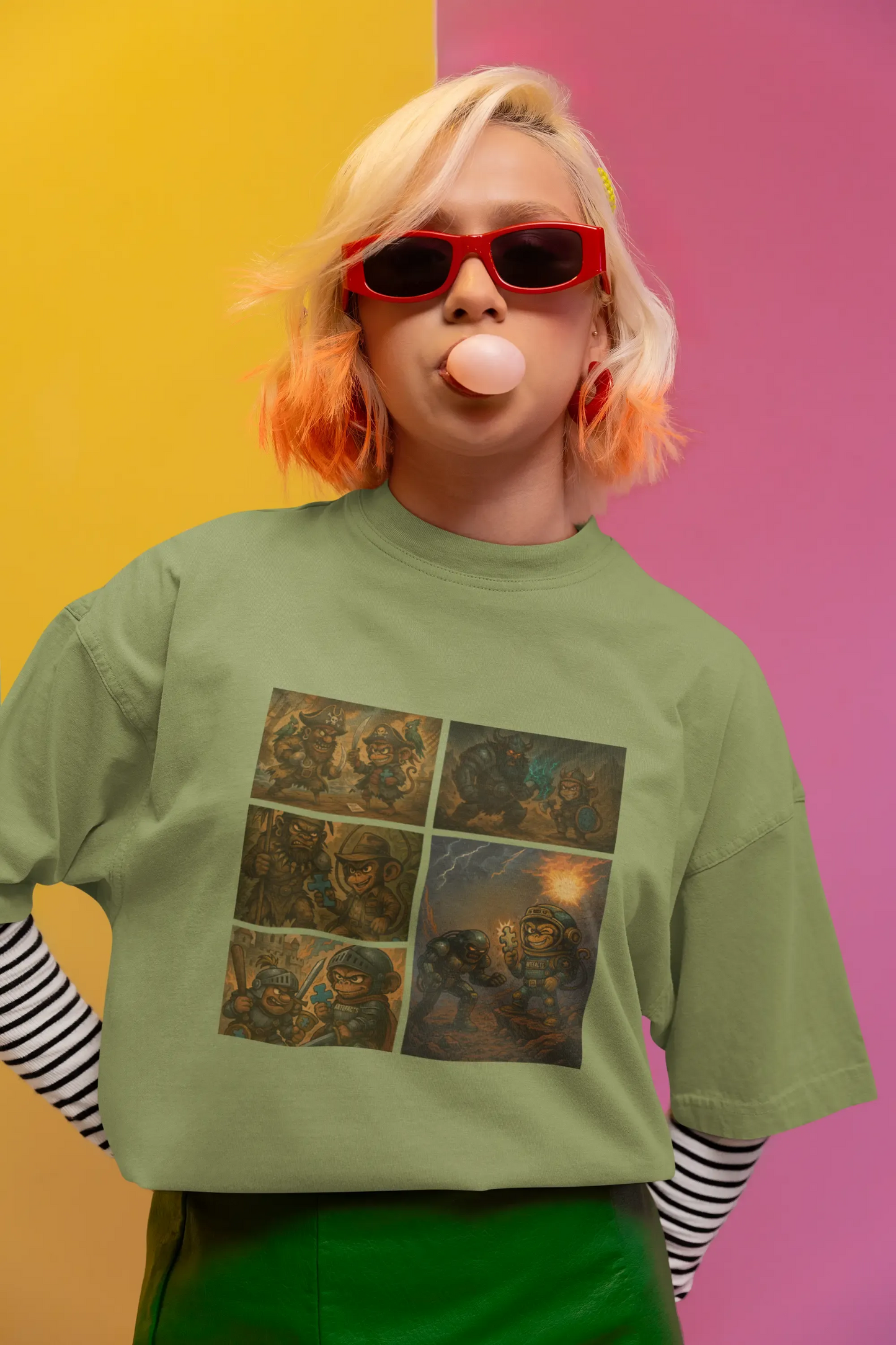 Jeune femme portant un t-shirt oversize vert Artefacts avec une planche de bande dessinée de Captain Cawette imprimée, posant avec des lunettes rouges et mâchant un chewing-gum devant un fond coloré jaune et rose
