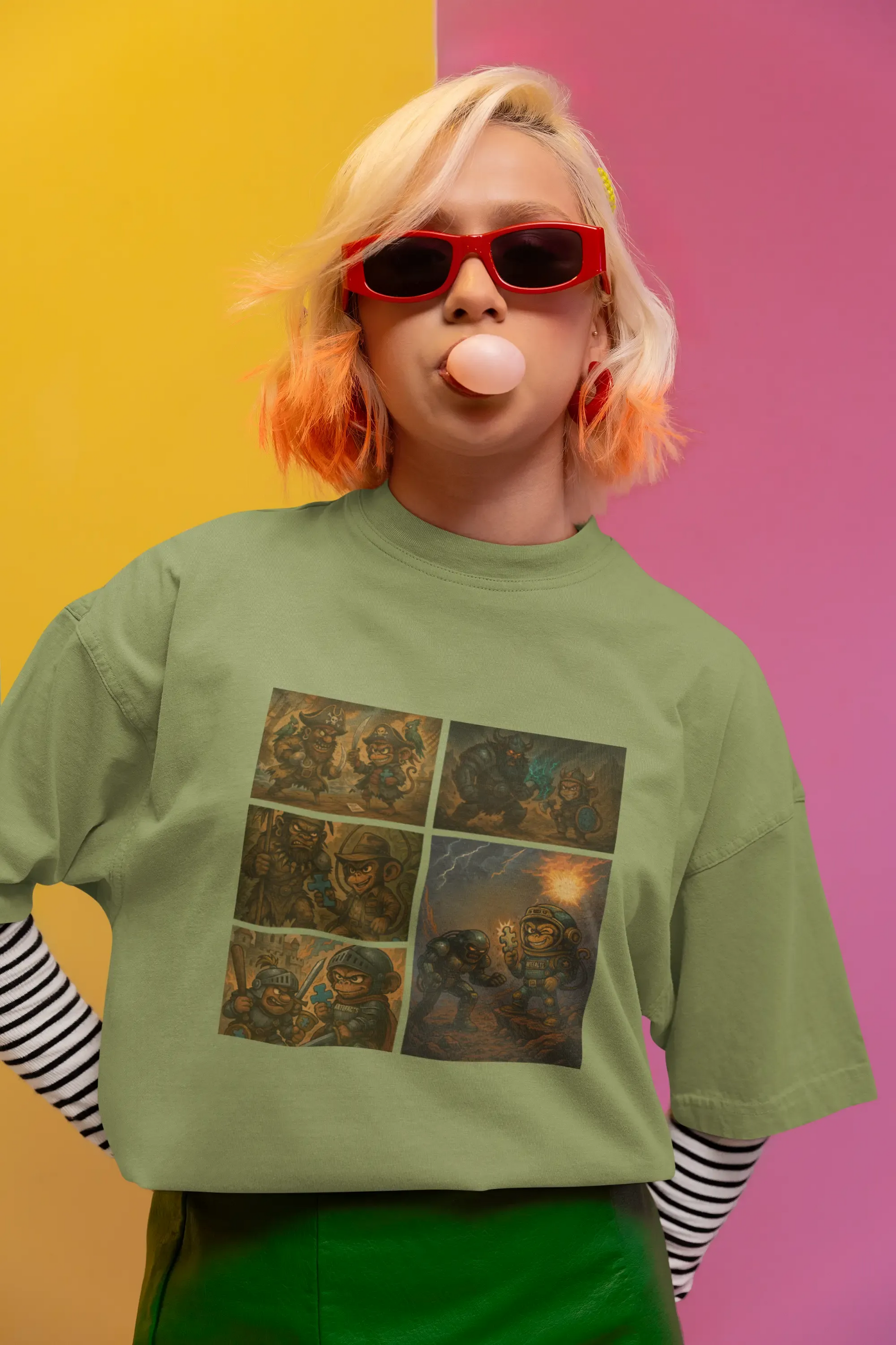 Jeune femme portant un t-shirt oversize vert Artefacts avec une planche de bande dessinée de Captain Cawette imprimée, posant avec des lunettes rouges et mâchant un chewing-gum devant un fond coloré jaune et rose